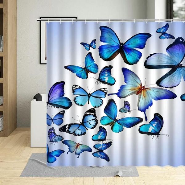 Cortinas de ducha Mariposa azul Decoración para el hogar Cortina Pantalla Arte Póster para niñas Habitación Baño Sala de estar impermeable con ganchos