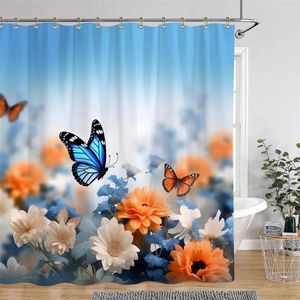 Rideaux de douche Bleu Papillon Romantique Violet Floral Aquarelle Art Rideau de bain Ensemble Tissu Salle de bain Baignoire Décor avec crochets