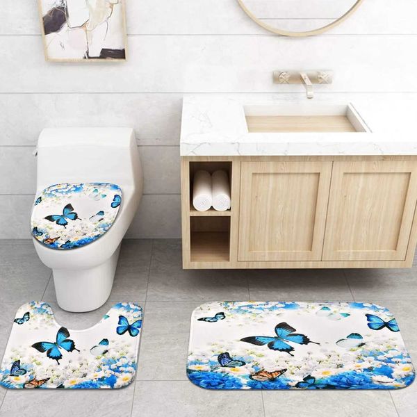 Rideaux de douche rideau de douche papillon bleu avec tapis motif de fleur décoration de salle de bain ensemble rideau de douche en tissu imperméable avec 12 s