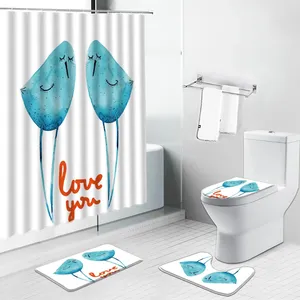 Douche gordijnen blauw flamingo cartoon dier Chinese stijl bloem vogel badkamer gordijn niet-slip bad mat toiletdeksels set