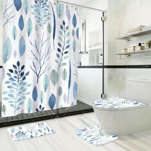 Cortinas de ducha Estampado floral azul Forro de cortina larga Juego de alfombrillas de baño Cubierta de inodoro Alfombra de baño antideslizante Duschvorhang impermeable con ganchos