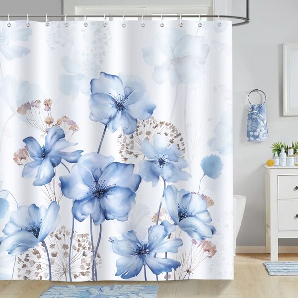 Rideaux de douche Rideau de douche floral bleu rideau de bain fleur aquarelle tissu polyester rideaux de salle de bain imperméables avec crochets écran de bain 230922