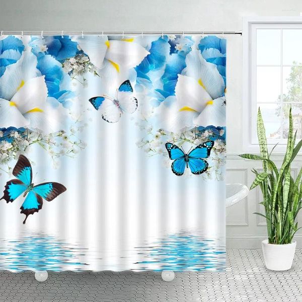 Rideaux de douche fleurs bleues rideau papillon 3d reflet d'eau blanc joie de baignoire à fleurs en floral naturel salle de bain