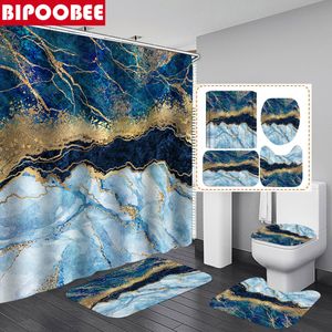 Douche gordijnen blauw goud marmeren mozaïek met gouden aderen badkamer toilet deksel deksel matten niet -slip tapijt bad tapijten home decor 230510