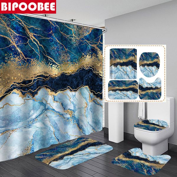 Rideaux de douche bleu or marbre mosaïque avec veines dorées salle de bains couvercle de toilette tapis tapis antidérapant tapis de bain décor à la maison 230510