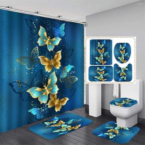 Cortinas de ducha Juego de cortinas de mariposa de oro azul con alfombra Tapa de tapa de tapa de la tapa Poliéster impermeable 12 ganchos de plástico