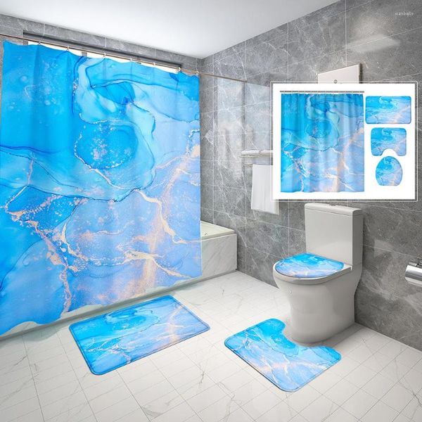Rideaux de douche Rideau de marbre bleu aquarelle abstrait ciel or marbre ensemble de bain avec tapis antidérapant tapis de couverture de toilette
