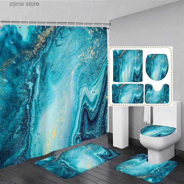Rideaux de douche Ensemble de rideau de douche en marbre bleu océan ondulation poudre d'or Art moderne maison salle de bain décor tapis antidérapant tapis de bain couvercle de toilette Y240316