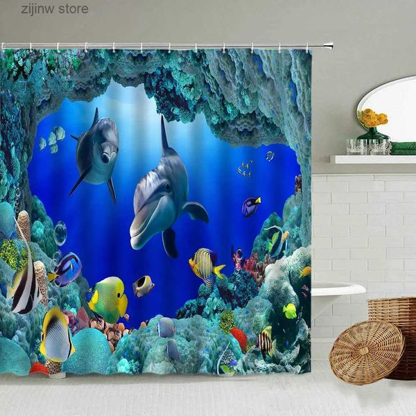 Rideaux de douche Bleu océan dauphin rideau de douche monde de la mer profonde poisson mignon écran étanche photographie fond tissu salle de bain décoration Y240316