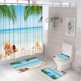 Rideaux de douche Blue Ocean Palm Treeter Curtain Ensembles Starfish Conch Beach Bath Bath With Bath Mat Mat Piedstal Tapis de toilette
