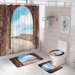 Douchegordijnen blauwe oceaan zeemeeuweneerder badkamer set gordijn niet-slip vloerkleed bad mat deksel toiletkap brug cave natuurlijk kunstbad scherm