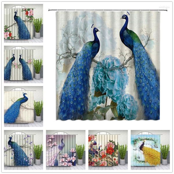 Rideaux de douche bleu paon belle aquarelle oiseau fleur pivoine motif salle de bain décor baignoire imperméable tissu rideau ensemble