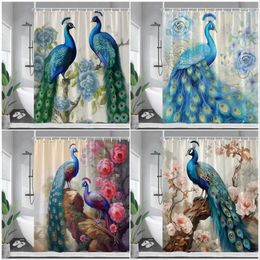 Rideaux de douche Paons bleus Rideau Fleurs roses Feuilles Branche d'arbre Style chinois Oiseaux Tenture murale Tissu Salle de bain Décor avec crochets