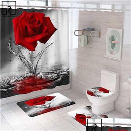 Rideaux de douche Bleu Rouge Rose Rose Rideau d'impression avec crochets Tapis de salle de bain Ensemble antidérapant Tapis de bain doux Amant Valentines Home Decorat DHZ1Y