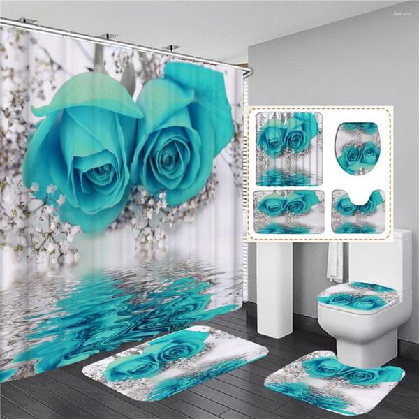 Cortinas de ducha Azul Rojo Rosa Rosa Impresión Cortina con ganchos Juego de alfombrillas de baño Antideslizante Alfombra de baño suave Amante de San Valentín Decoración del hogar