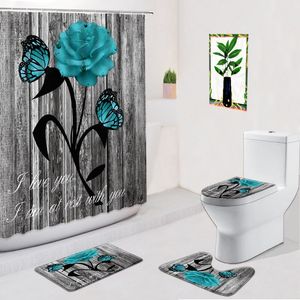 Rideaux de douche Bleu Rose Papillon Rideau Rétro Shabby Bois Conseil Salle De Bains Décor Tapis Antidérapant Toilette Pied Pad Tapis De Bain Paillasson Ensemble