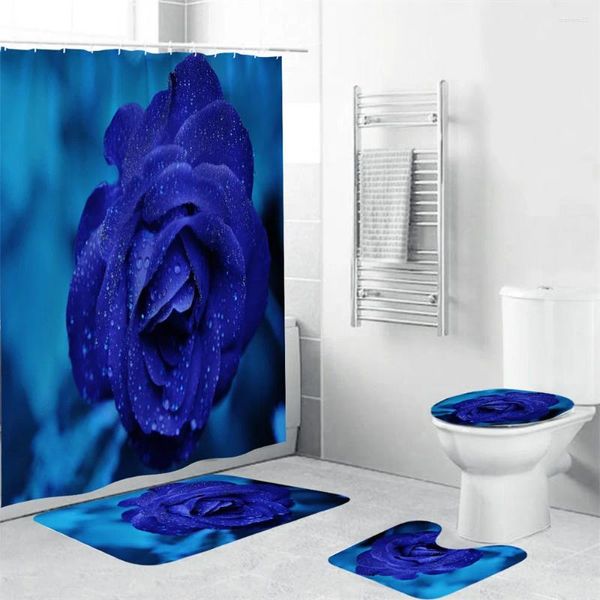 Rideaux de douche Ensemble de rideaux de roses bleues Tapis antidérapant Siège de toilette et tapis de bain imperméable Salle de bain de la Saint-Valentin