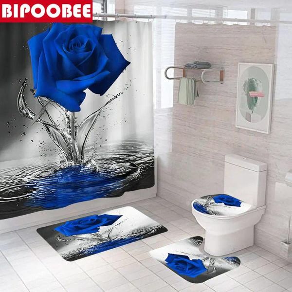 Rideaux de douche Bleu Rose Rideau Couvercle de toilette Couverture Tapis de bain Eau Splash Fleur Salle de bain Tapis antidérapant Tapis de piédestal Décor à la maison