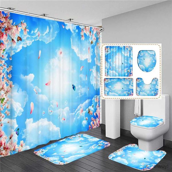 Rideaux de douche Bleu ciel blanc nuages paysage imprimé rideau de douche 3D ensoleillé salle de bain rideaux ensemble tapis de bain couverture de toilette tapis antidérapant tapis