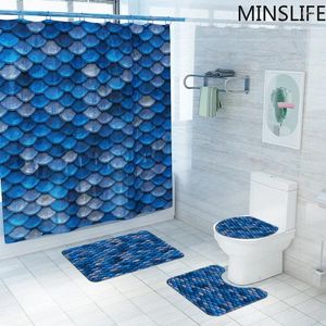 Rideaux de douche Ensemble de rideaux Squama Blue avec tapis de bain de bain salle de bain étanche du tapis sans glissement de baignoire de couverture de toilette durable décor