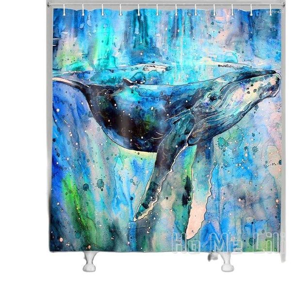 Rideaux de douche rideau de baleine bleu par ho me lili aquarelle décoration de salle de bain ensemble sous-marin de thème à l'encre du monde polyester