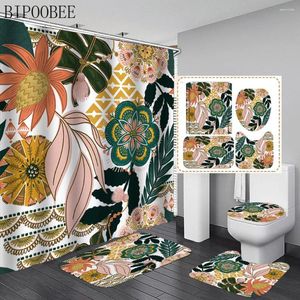 Rideaux de douche Rideau bohème Plantes florales Couverture de toilette Tapis antidérapants et tapis de bain Feuille verte Salle de bain avec crochets Décor à la maison