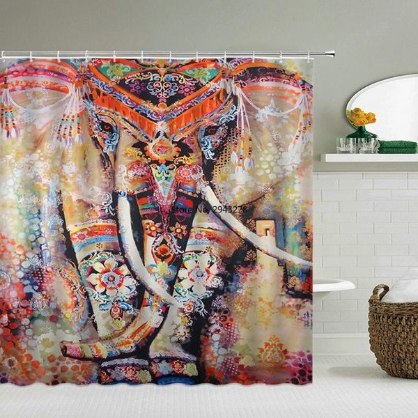 Cortinas de ducha Elefante bohemio Tela de poliéster Multi-tamaño Boho Baño Cortina impermeable para baño