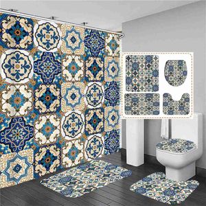 Douchegordijnen in Boheemse stijl bedrukte stoffen badkamer douchegordijnset met Boho badmatten en tapijten antislip tapijt toilethoezen