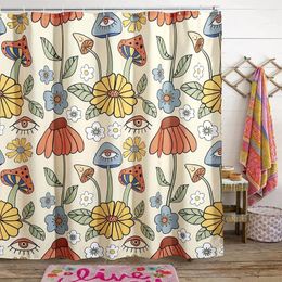 Rideaux de douche rideau floral boho dans les champignons funky à orange jaune et décoration de salle de bain fabrique