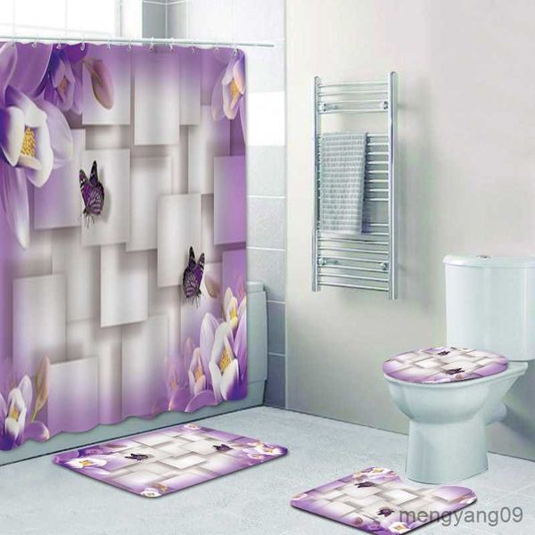 Cortinas de ducha Ramo de fantásticas flores blancas Cortina de ducha estilo 3D Cortinas de baño florales con alfombras de baño Juego de alfombras Decoración del hogar R230830