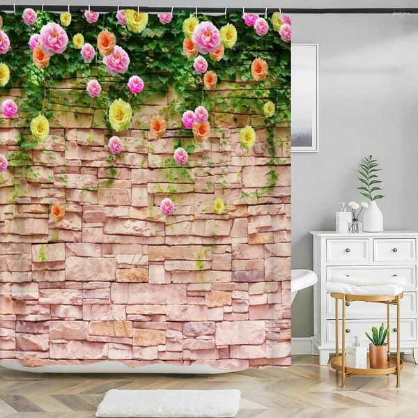 Cortinas de ducha Pared de ladrillo Flores Plantas en tablero de madera Cortina impresa Baño Tela impermeable para la decoración del hogar del baño