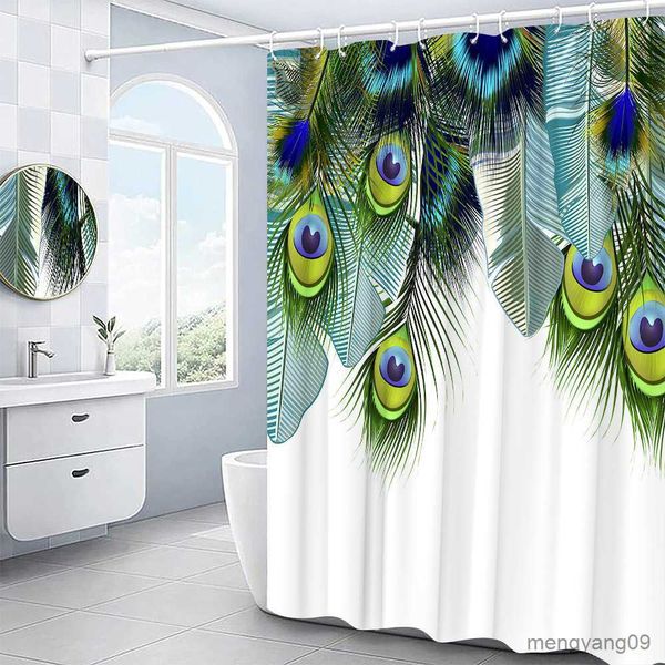 Rideaux de douche Plumes de paons lumineux rideau de douche esthétique tissu multicolore décor rideau en tissu blanc ensemble d'accessoires de salle de bain R230830