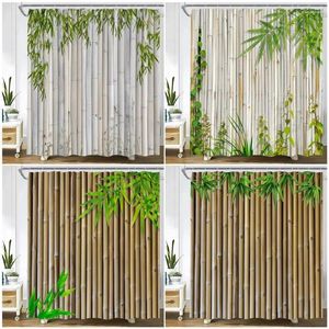 Rideaux de douche marron bambou feuilles vertes plante printemps jardin paysage tenture murale tissu moderne salle de bain décor ensemble de rideau de bain