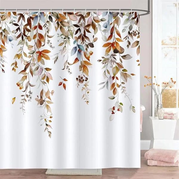 Rideaux de douche Feuilles d'eucalyptus marron Rideau Feuille d'automne Aquarelle Plante Polyester Tissu Salle de bain Décor de bain Ensemble avec crochets