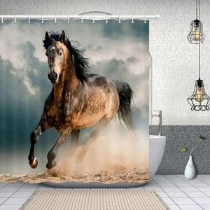 Douchegordijnen bruine paarden set polyester stof Amerikaanse westerse dieren in rustieke boerderij badkamer decor badgordijn met haken