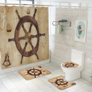 Rideaux de douche Brown Retro Boat Rudder Fabric Salle de bain imprimé SETTEMENT Tapis sans glipage Couvercle de toilette Tapis de bain 180x180cm