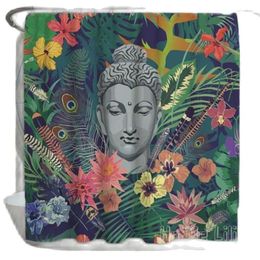 Douchegordijnen Boeddha door Ho me lili met bloemen groen roze en grijs tropisch blad waterdichte stof woningdecor