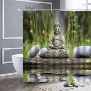 Douchengordijnen Boeddha Zen Gordijn Bloemen Stone Water Green Planten Waterdichte stof Chinese stijl Asia Badkamer Bathtub Decor