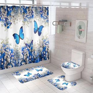 Rideaux de douche papillon salle de bain rideau et tapis ensembles belle fleur motif piédestal couvercle couverture de toilette tapis de bain