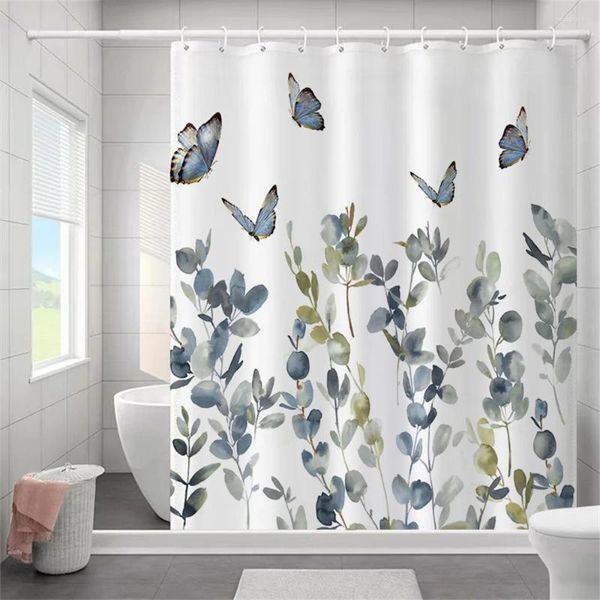 Cortinas de ducha Mariposa Floral Cortina de baño Elegante Backleaf Poliéster Tela impermeable Ganchos de ajuste Baño