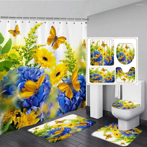 Cortinas de ducha Flores de mariposa Juego de cortinas Amarillo Azul Plantas florales Paisaje natural Decoración de baño Alfombra Alfombras de piso Cubierta de tapa de inodoro
