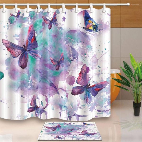 Rideaux de douche Papillon Lavande Aquarelle Peinture Écrans de bain Design créatif Étanche et résistant à la moisissure avec 12 crochets