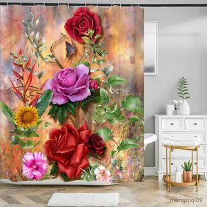 Douchegordijnen Vlinder Rode Rozen en Bloemen Print Douchegordijn Set Antislip Tapijten Badmat Badkamer Gordijnen Decoratie R231101