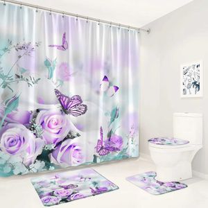 Douchegordijnen vlinder rozen douche gordijn set roze witte bloemplant veer rustiek landschap badkamer decor niet-slip vloerkleed badmatten toilet deksel