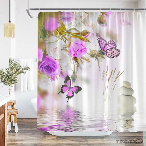 Rideaux de douche Rideaux de douche papillon rideau de bain floral aquarelle fleurs et feuilles vertes rideaux en tissu pour décor de salle de bain R230830