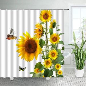 Rideaux de douche papillon tournesol fleurs jaunes naturelles, décor de fond blanc, tissu Simple, ensembles de rideaux de salle de bain pour la maison