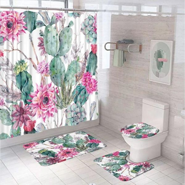 Rideaux de douche cactus rideau ensemble de printemps jardin boho bouquet de plante épineuse fleurs flèches plumes plume de salle de bain tapis tapis tapis tapis