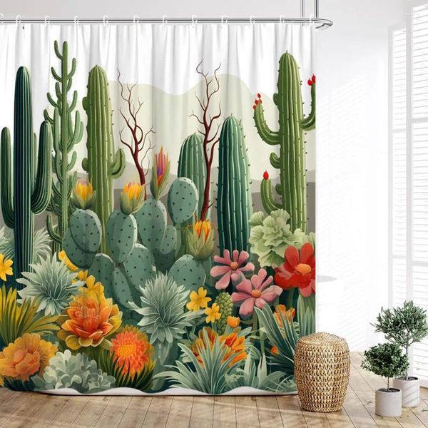 Rideaux de douche Cactus Rideau Plantes tropicales Bonsai Désert Fleur Papillon Ferme Planche en bois Feuille de palmier Imprimer Maison Salle de bain Décoration