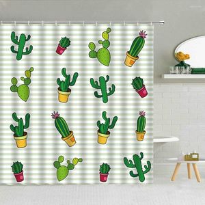 Rideaux de douche Cactus fleur en pot vert rayé rideau Tropical désert plante salle de bain décor ensemble tissu imperméable écran de bain