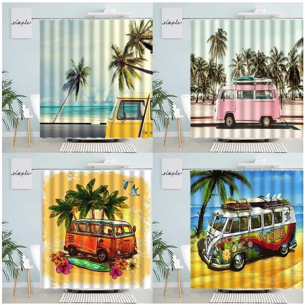 Rideaux De Douche Camping Surf Rideaux De Douche Océan Plage Tropical Palmiers Voyage Bus Planche De Surf Motif Polyester Tissu Salle De Bains Décor Crochets 230629